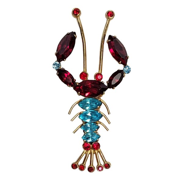 Vintage Rare Coro 1950s Gold-Tone Red Blue Rhinestone Lobster Brooch Signed